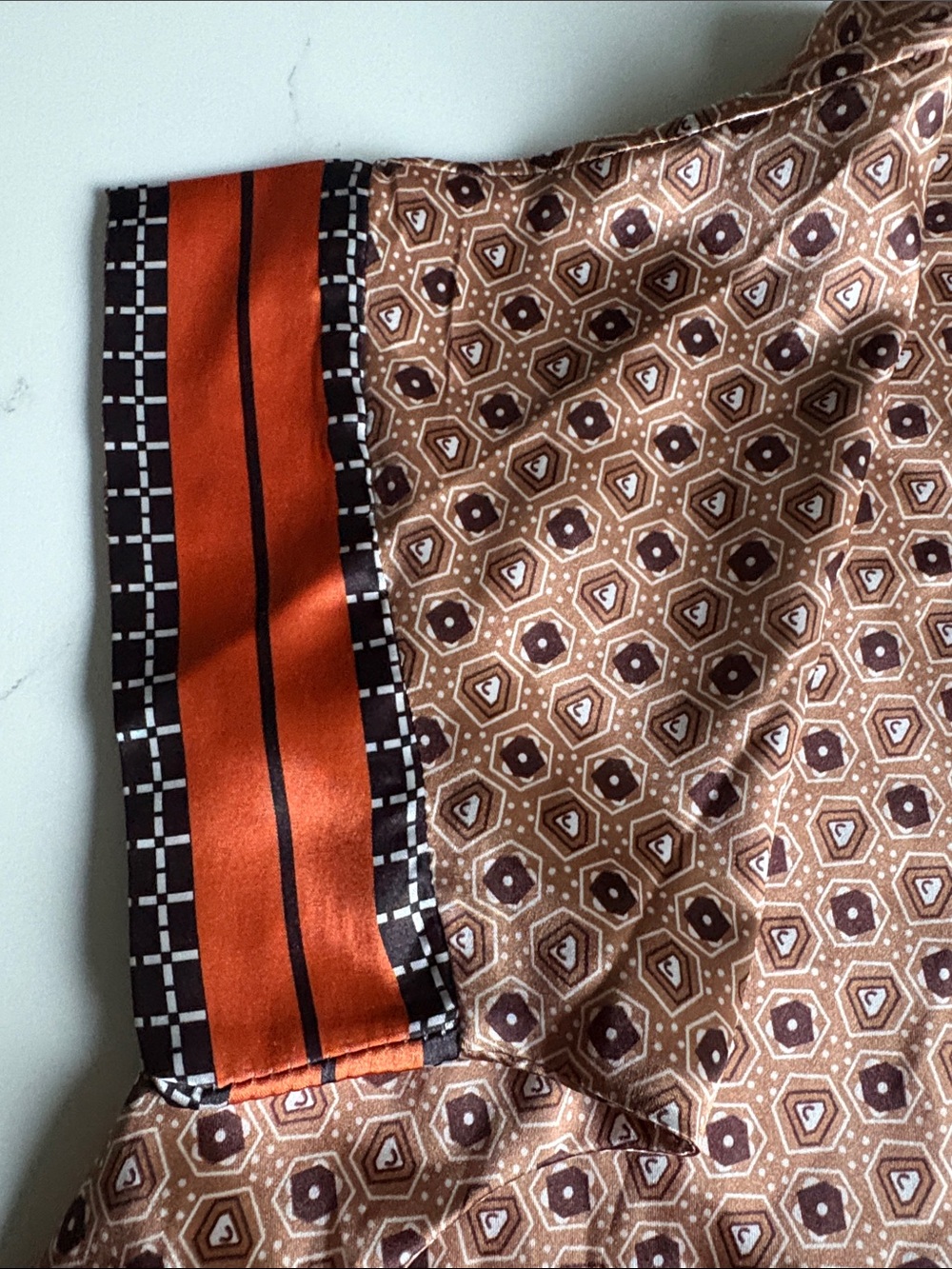 NWOT Silky Printed Pajama Set in Brown with Orange Trim - Picture 4 of 5